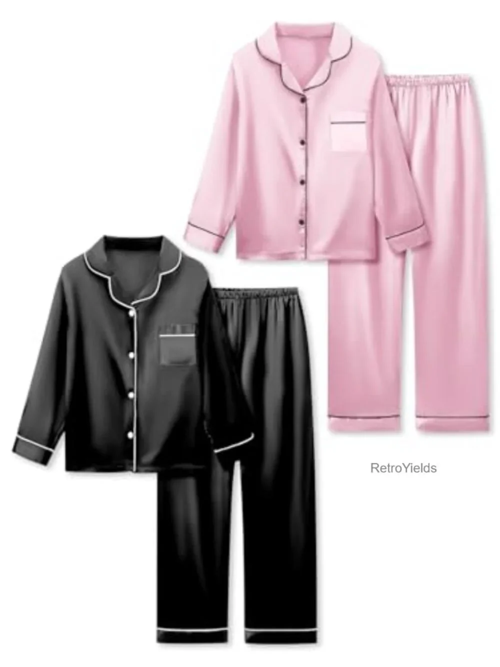 Girls Satin Pajama Set 4 Piece Long Sleeve Silky Button Down Sleepwear